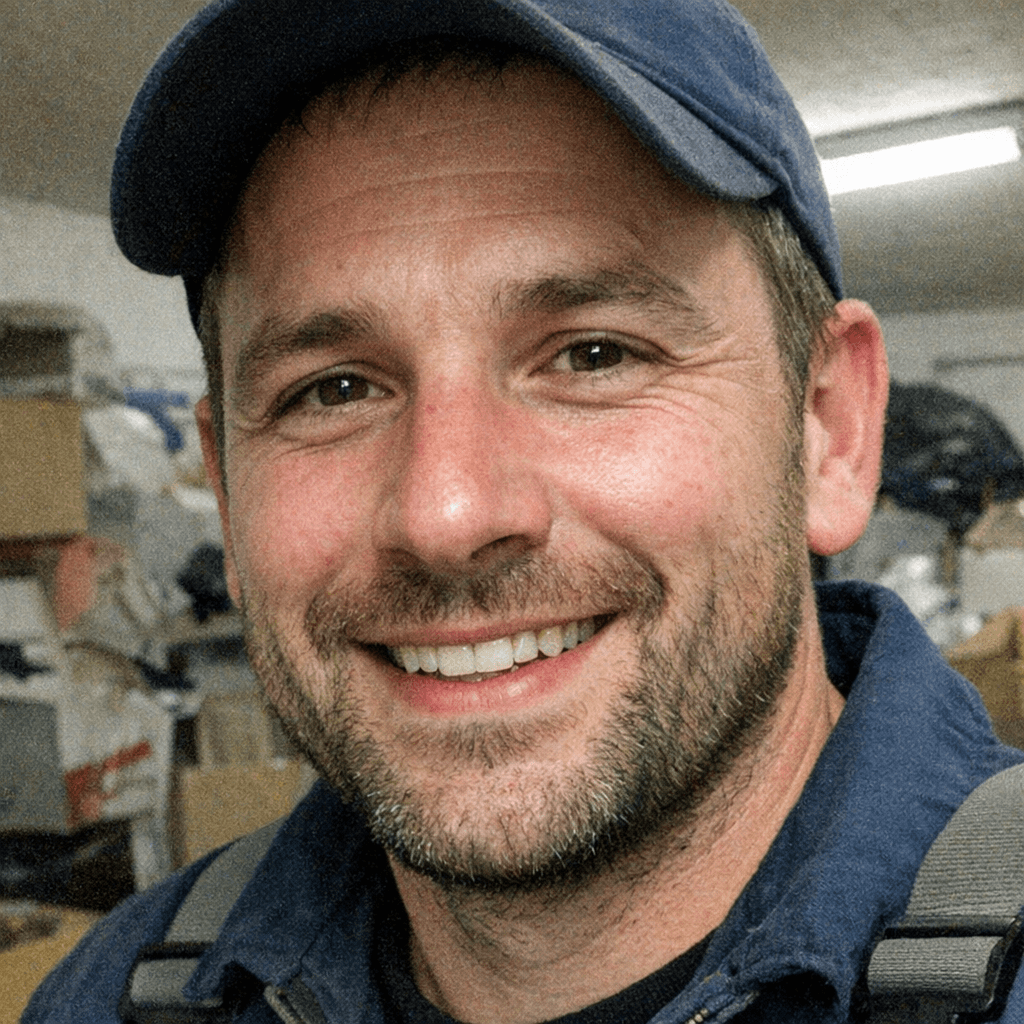 Mitarbeiter mit Handschuhen und Arbeitsjacke steht vor einem Transportfahrzeug auf dem Betriebshof