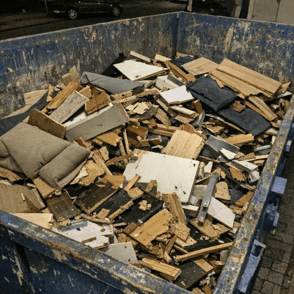 Sperrige Möbelstücke werden vor einem Mehrfamilienhaus in einen großen Container geladen