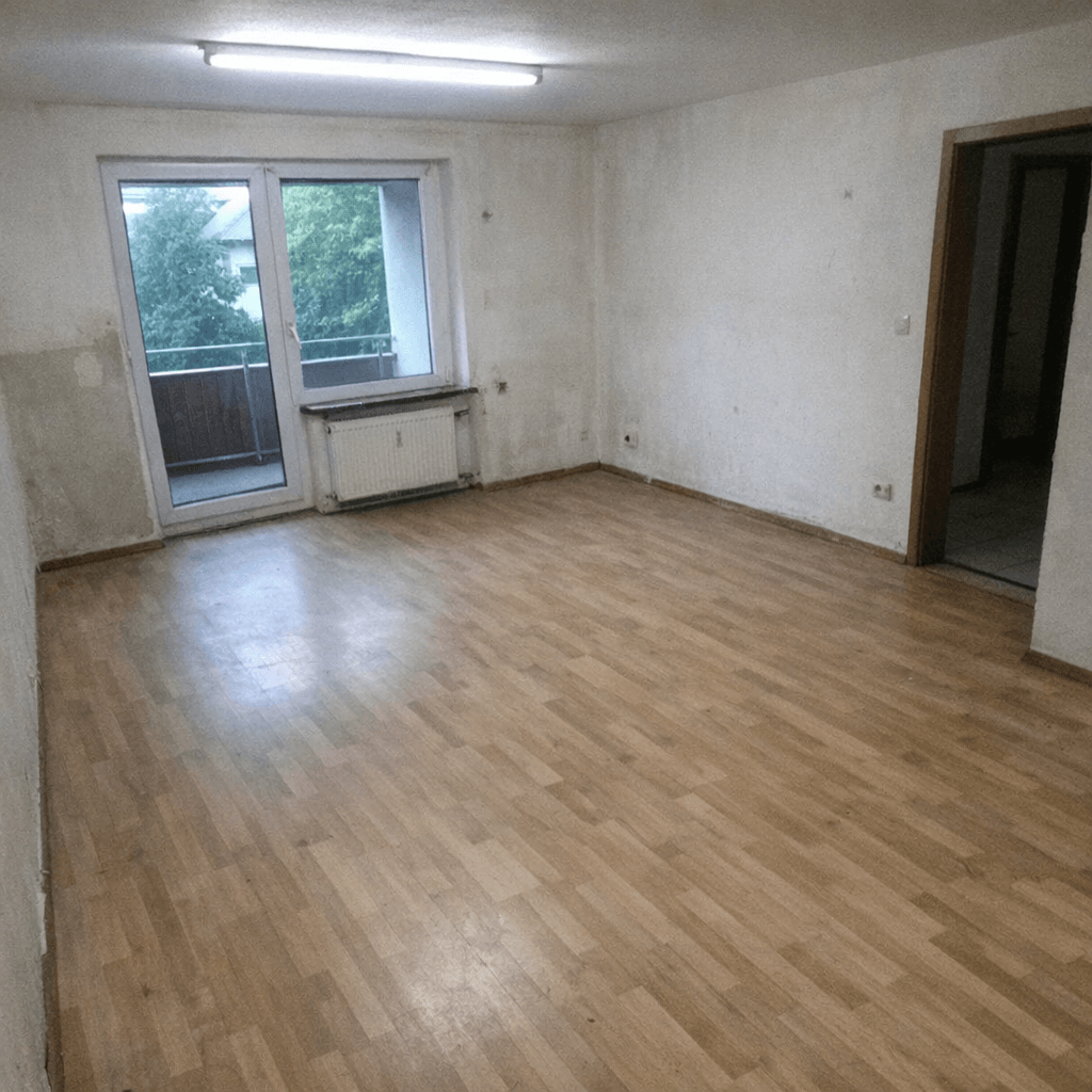 Leere Wohnung mit geöffneten Fenstern und gereinigtem Boden nach abgeschlossener Räumung