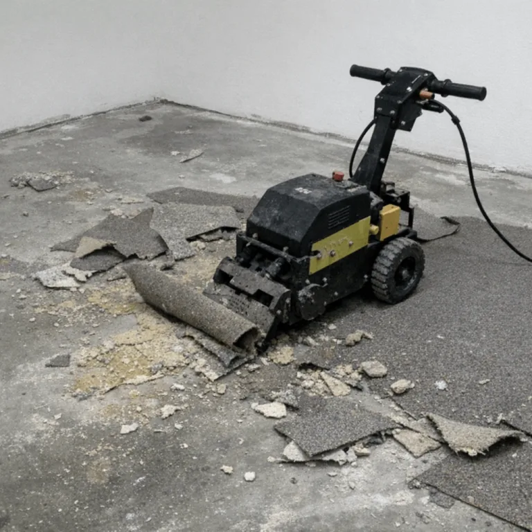Handwerker entfernt Teppichboden, Untergrund bleibt sichtbar