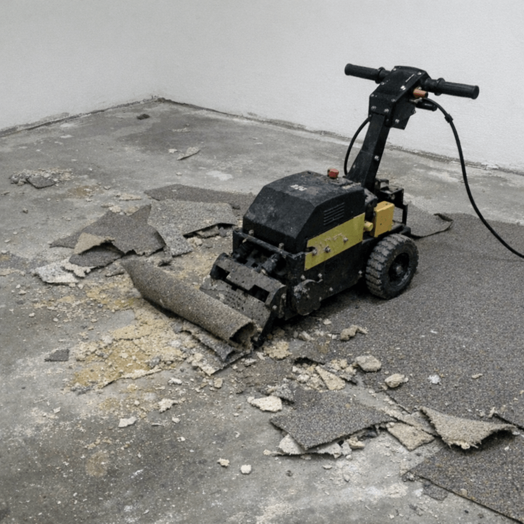Arbeiter löst alten Teppichboden mit einer Maschine von einem nackten Estrich