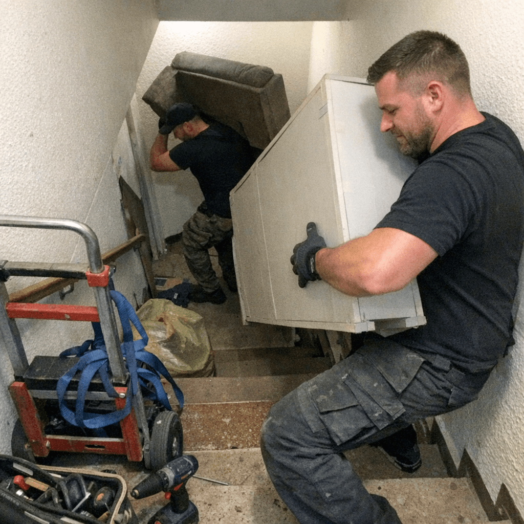 Freistehendes Wohnhaus mit geöffnetem Garagentor während der vollständigen Räumung durch Fachkräfte