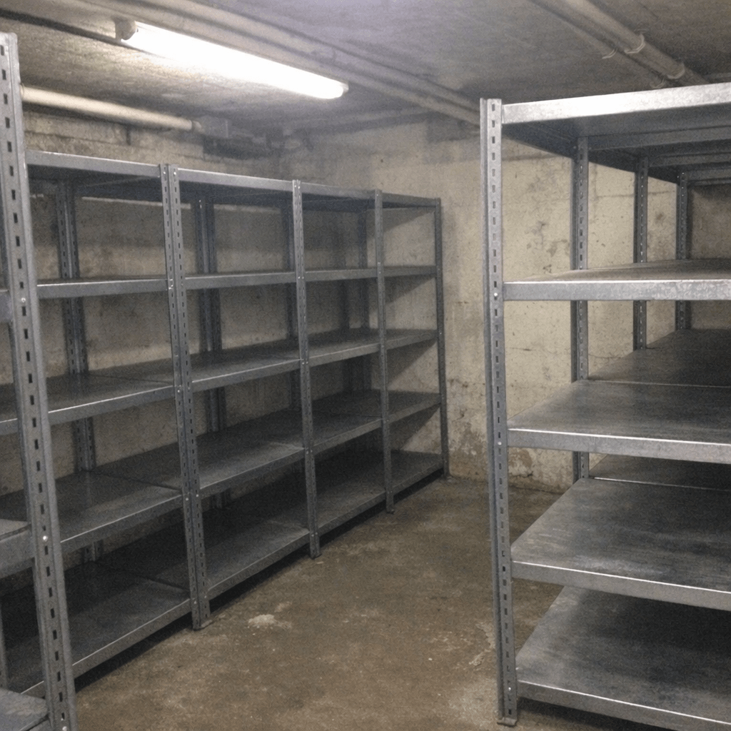 Archivraum mit freien Regalen nach Abholung alter Aktenbestände und Geräte