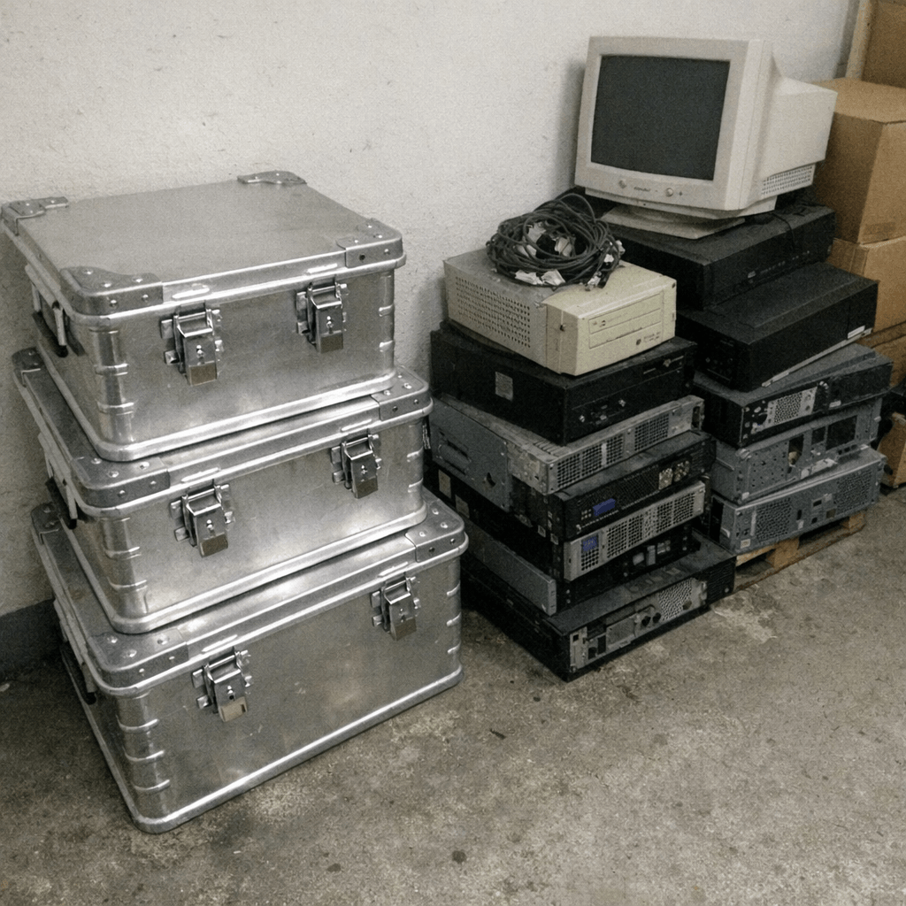 Alte Elektrogeräte und verschlossene Aktenbehälter stehen sortiert zur Abholung in einer Lagerhalle bereit