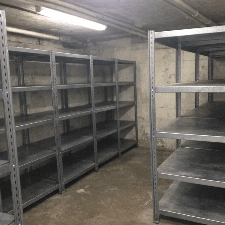Archivraum mit leeren Regalreihen und wenigen verschlossenen Behältern für Unterlagen
