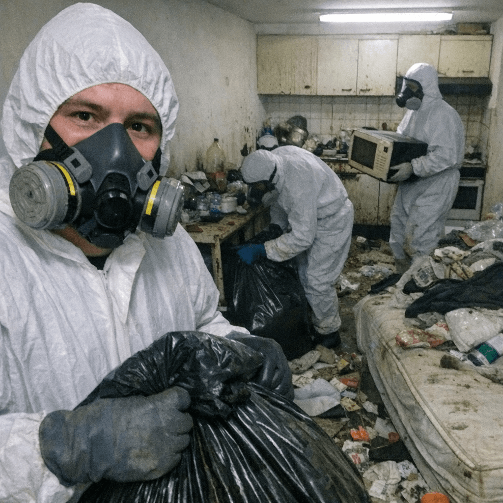 Zwei Fachkräfte in Schutzanzügen räumen eine stark verschmutzte Küche aus einem Wohnobjekt