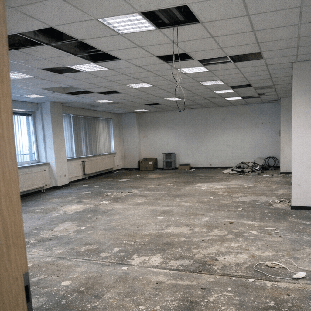 Mehrere Fachkräfte bauen in einem Büro Schreibtische und Regale für den Abtransport auseinander