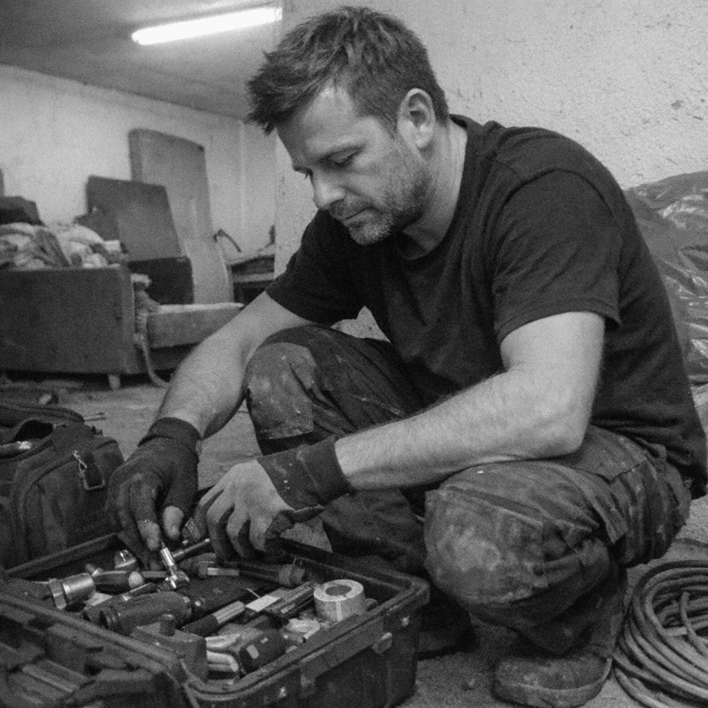 Monteur sortiert Werkzeuge in einer offenen Kiste vor Beginn eines Außentermins