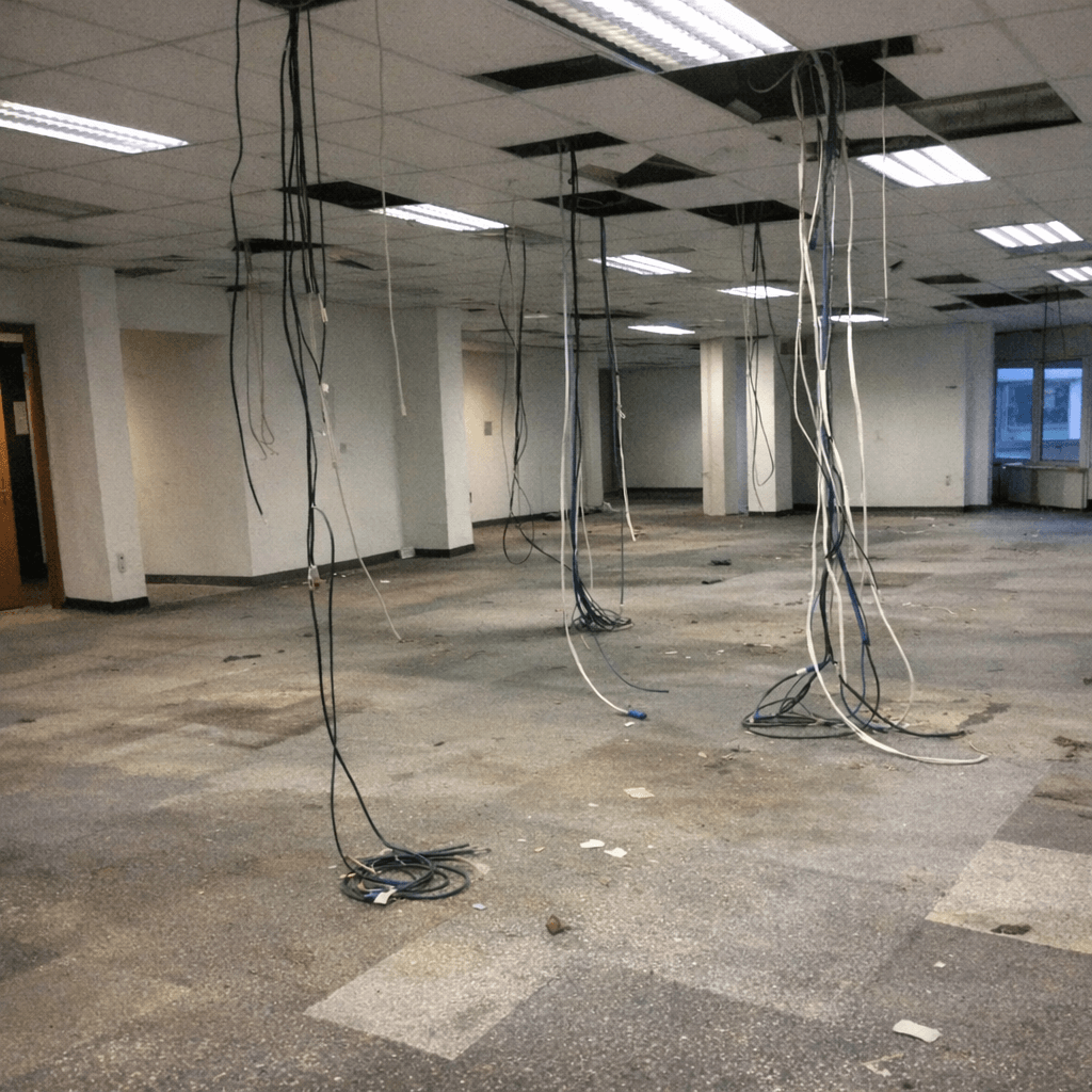 Großer Büroraum während des Ausbaus von Schreibtischen, Rollcontainern und Regalen