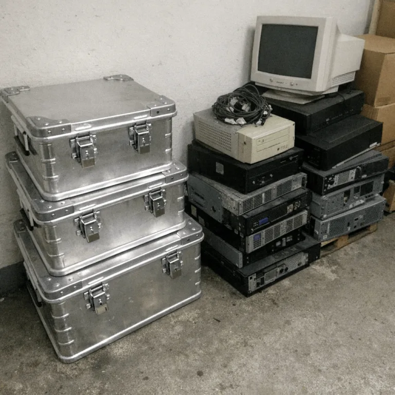 Verschlossene Aktenboxen und veraltete Monitore bereit zur Abholung